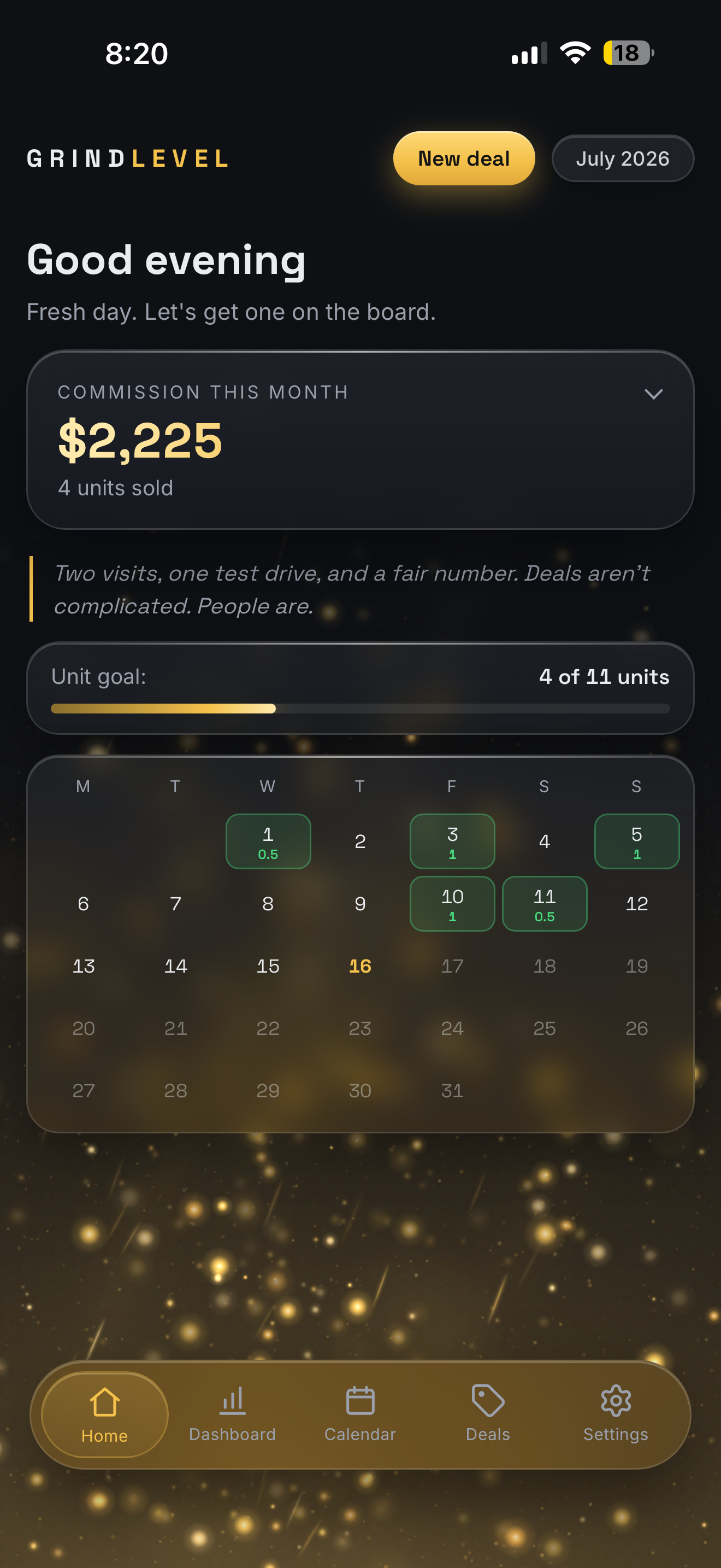 GrindLevel home screen showing monthly commission, unit goal, calendar, and navigation