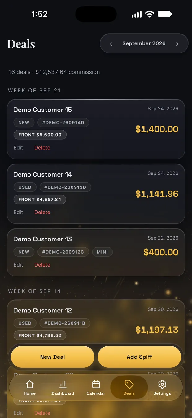 Deals screen listing September deals with their chips and commission